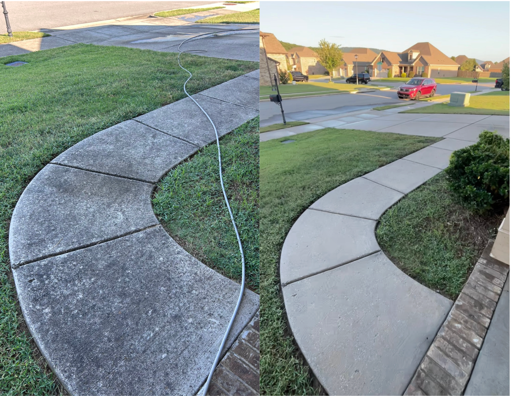 Before and after pressure washing of a concrete walkway